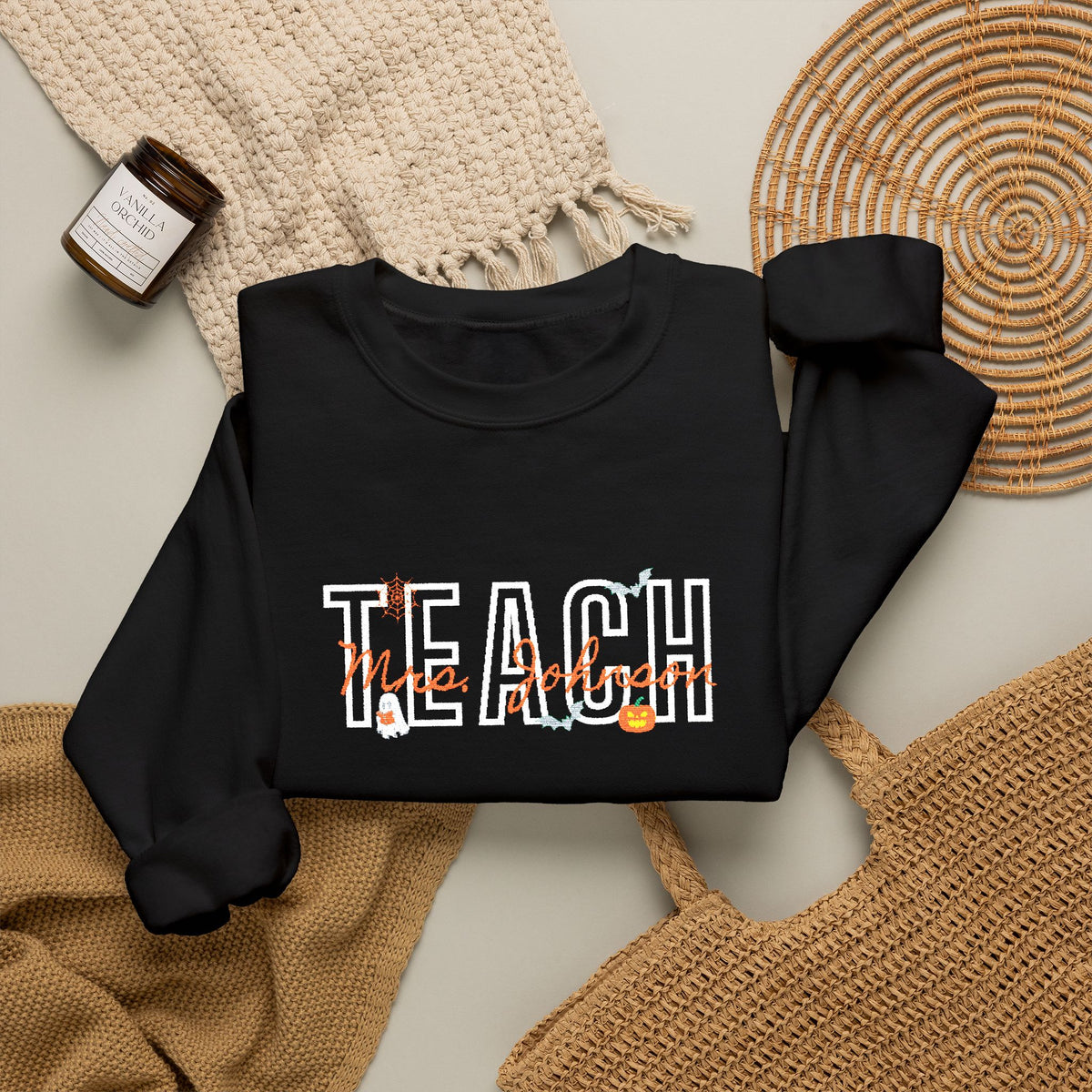 Personalized Halloween TEACH Crewneck | Custom Name Embroidered Teacher Sweatshirt