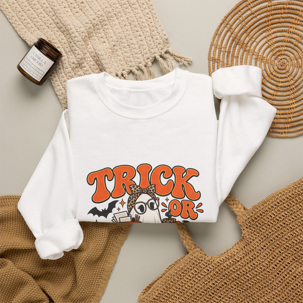 Trick or Teach Halloween Teacher Crewneck | Retro Ghost Sweatshirt