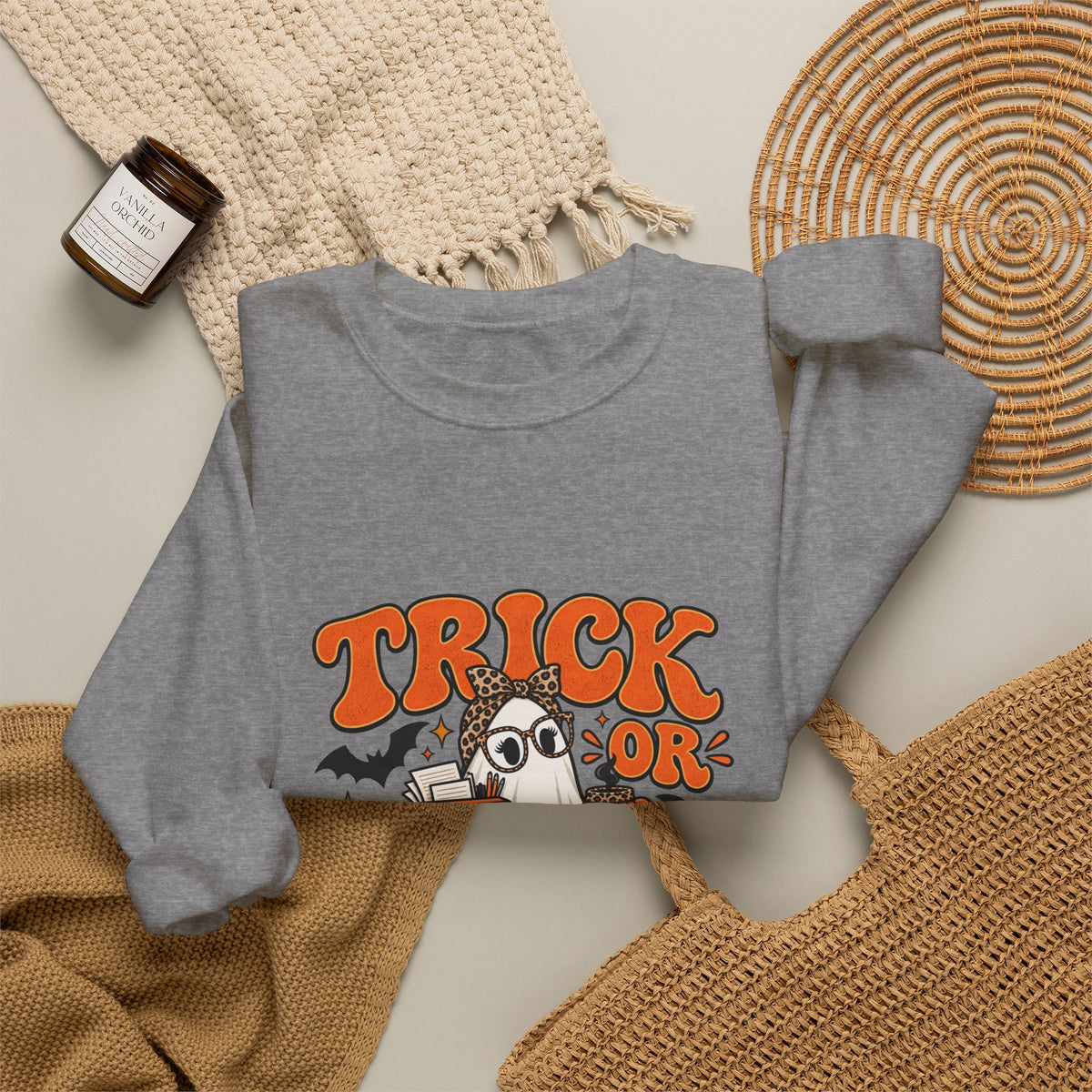Trick or Teach Halloween Teacher Crewneck | Retro Ghost Sweatshirt