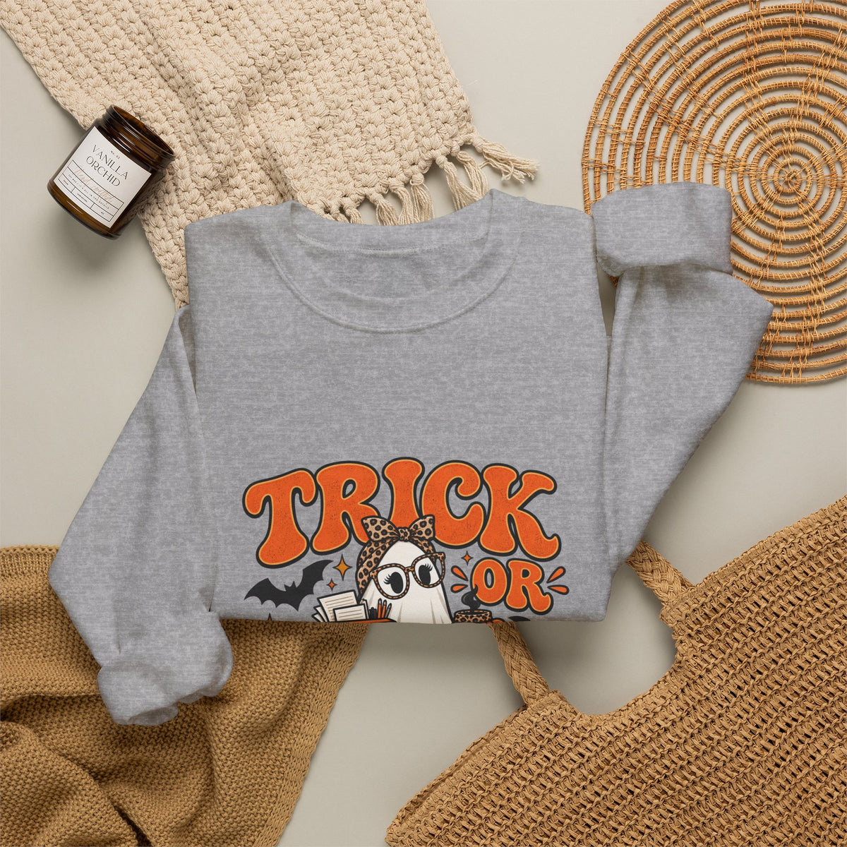 Trick or Teach Halloween Teacher Crewneck | Retro Ghost Sweatshirt
