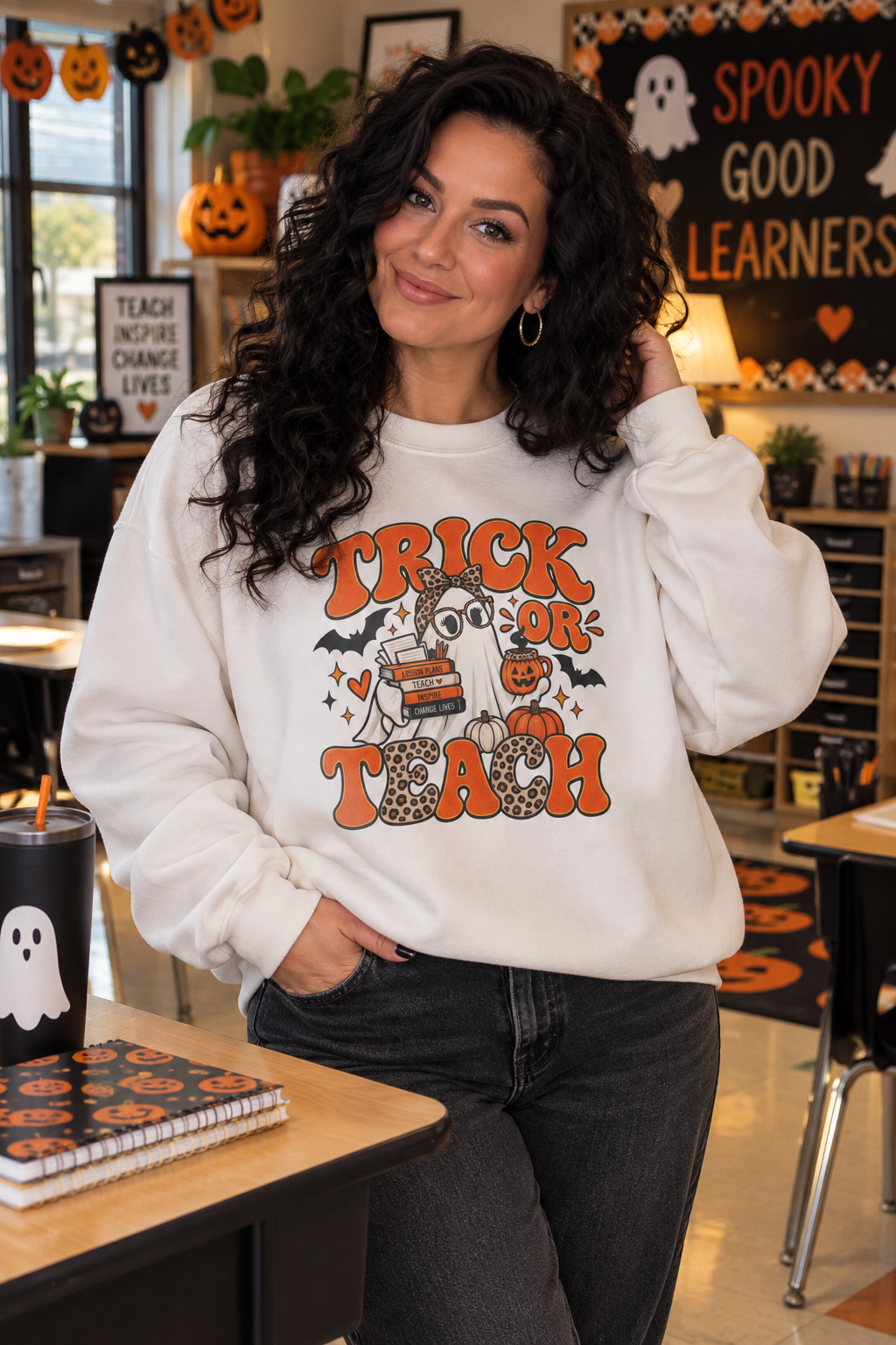 Trick or Teach Halloween Teacher Crewneck | Retro Ghost Sweatshirt